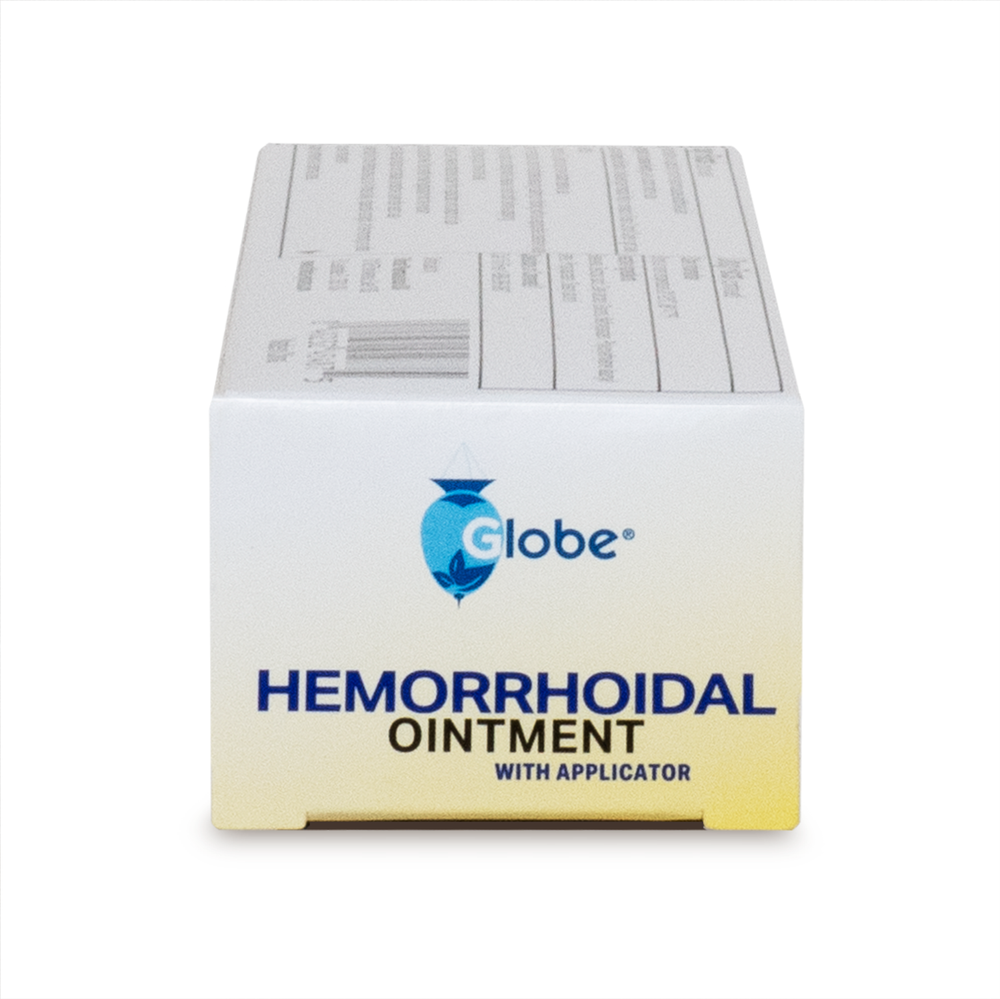 A white and yellow box of Globe Hemorrhoidal Ointment 2 oz with Applicator, featuring the Globe logo and product name on the front, provides relief for hemorrhoids and soothes anorectal discomfort.