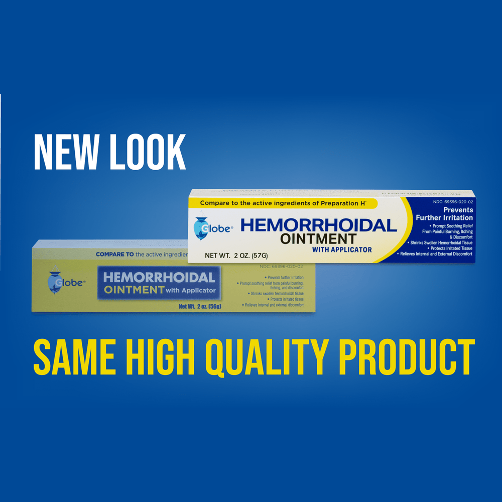 Two boxes of Globe Hemorrhoidal Ointment 2 oz with Applicator are shown, one marked NEW LOOK. Below, bold yellow text says: SAME HIGH QUALITY PRODUCT—trusted Globe relief for hemorrhoid itching and burning.