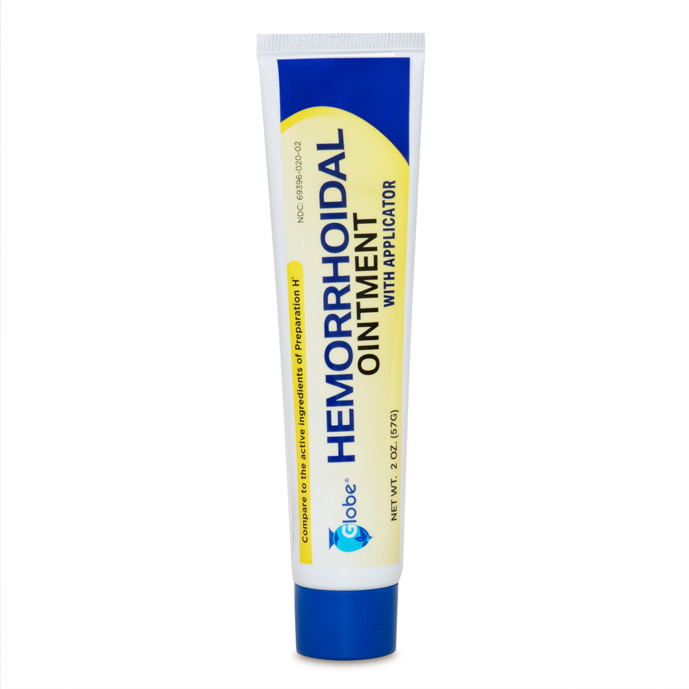 A 2 oz tube of Globe Hemorrhoidal Ointment with Applicator by Globe stands upright against a white background, offering fast relief from itching and burning associated with hemorrhoids.