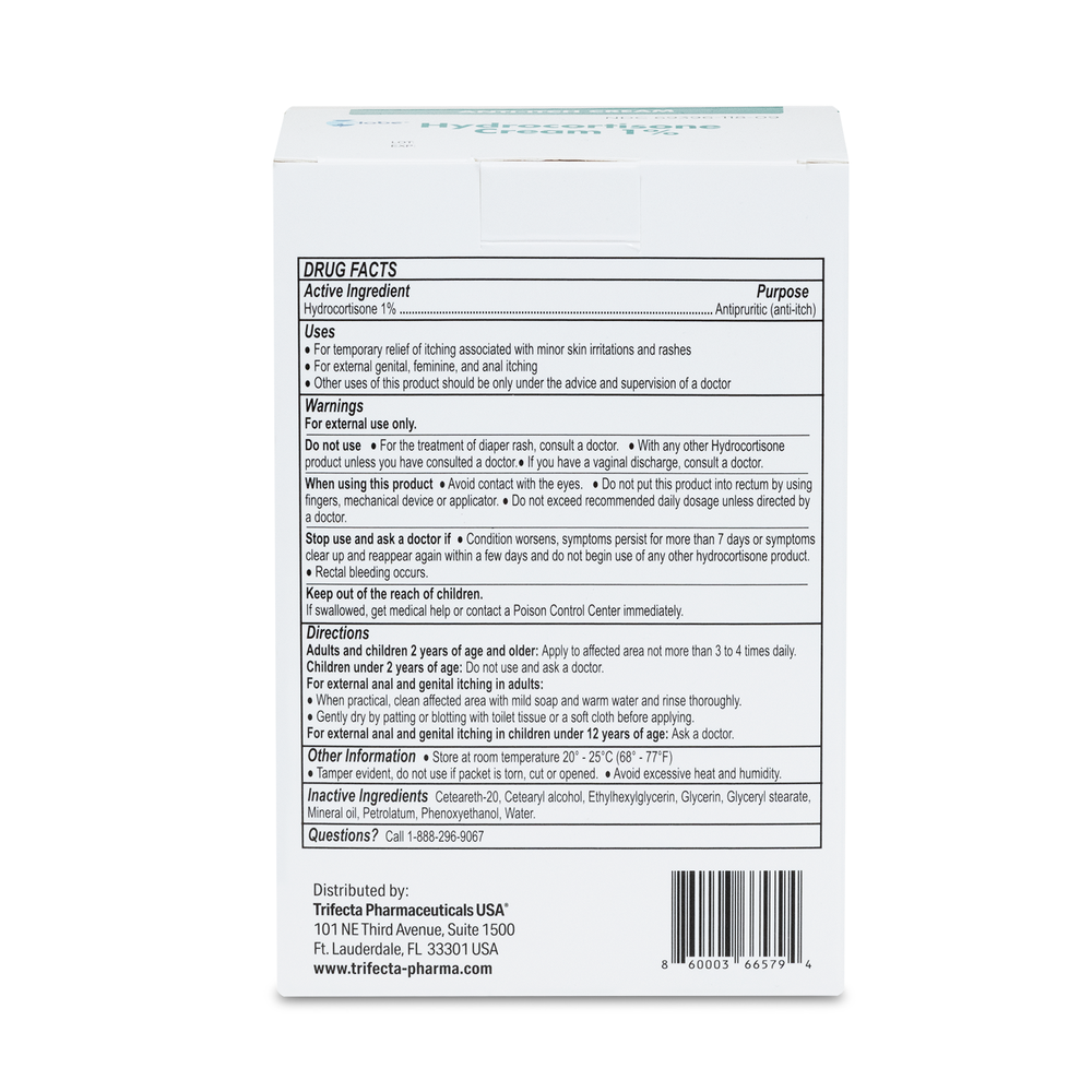 Back of a Globe Hydrocortisone 1% Maximum Strength Cream (0.9g) box shows drug facts, active ingredient, anti-itch/eczema uses, warnings, directions, inactive ingredients, manufacturer details & barcode on a white background (144 packets/box).