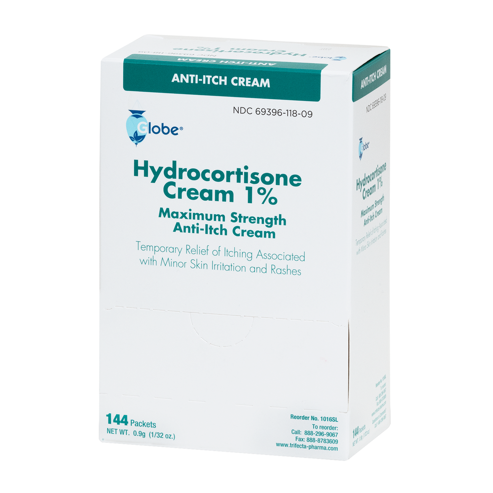 A box of Globe Hydrocortisone 1% Maximum Strength Cream includes 144 packets (0.9g each) for anti-itch relief from rashes, dermatitis, or bug bites, with blue and green details on a white background.