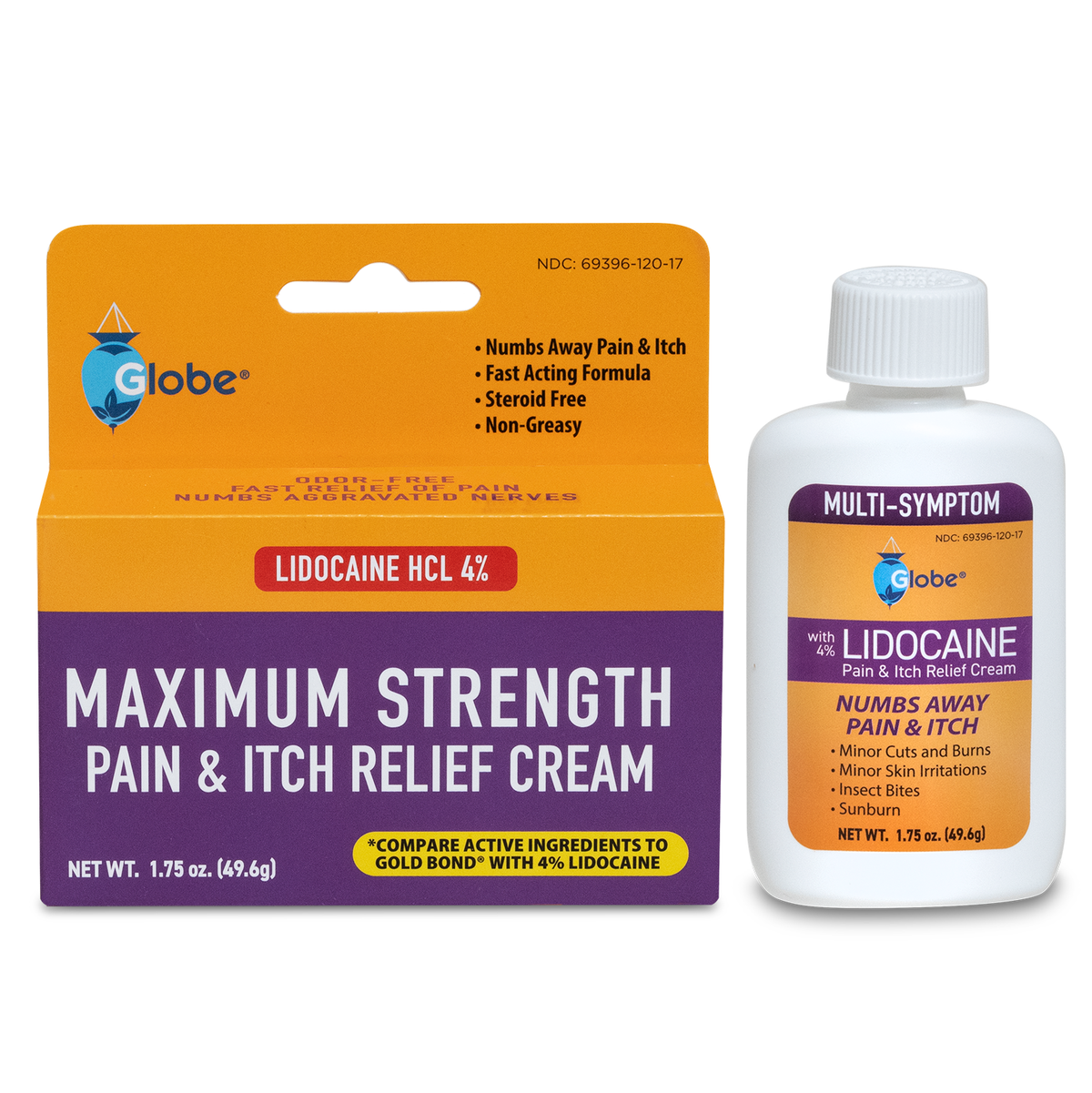 Globe Lidocaine 4% Multi-Symptom Relief Cream 1.75 oz., Numbs Away Pain & Itch, Steroid Free Non-Greasy Formula (Compare to Gold Bond w/ Lidocaine)