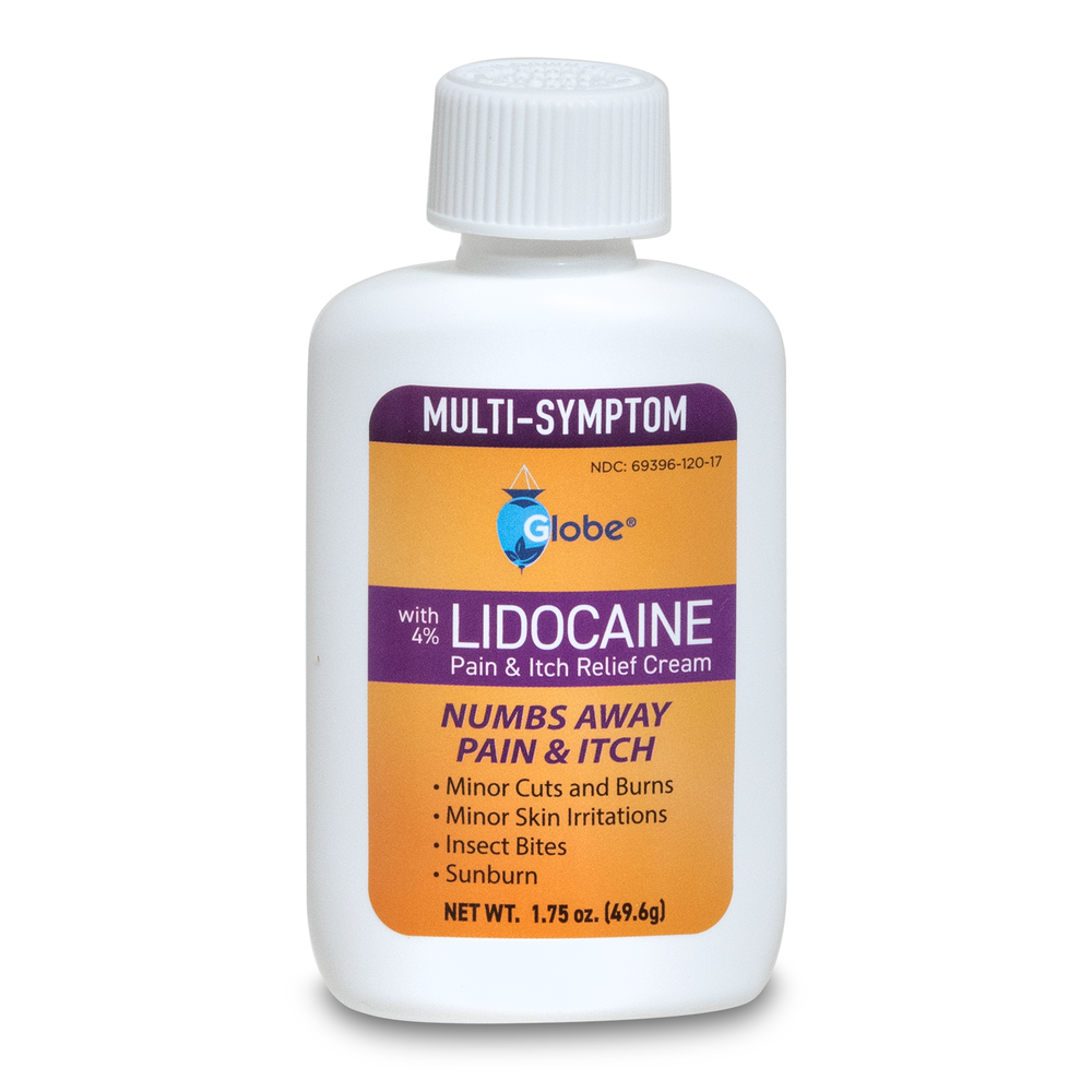 A white bottle of Globe Lidocaine 4% Multi-Symptom Relief Cream, 1.75 oz., with a purple and orange label, numbs away pain and itch from minor cuts, burns, skin irritations, insect bites, and sunburn; steroid free and non-greasy formula.
