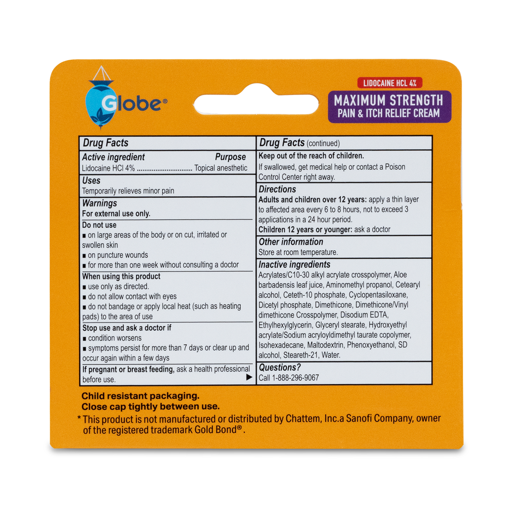 Back of Globe Lidocaine 4% Multi-Symptom Relief Cream 1.75 oz. package, listing drug facts, usage, warnings, ingredients, and child-resistant packaging. Steroid-free, non-greasy formula numbs away pain and itch (compare to Gold Bond w/ Lidocaine).