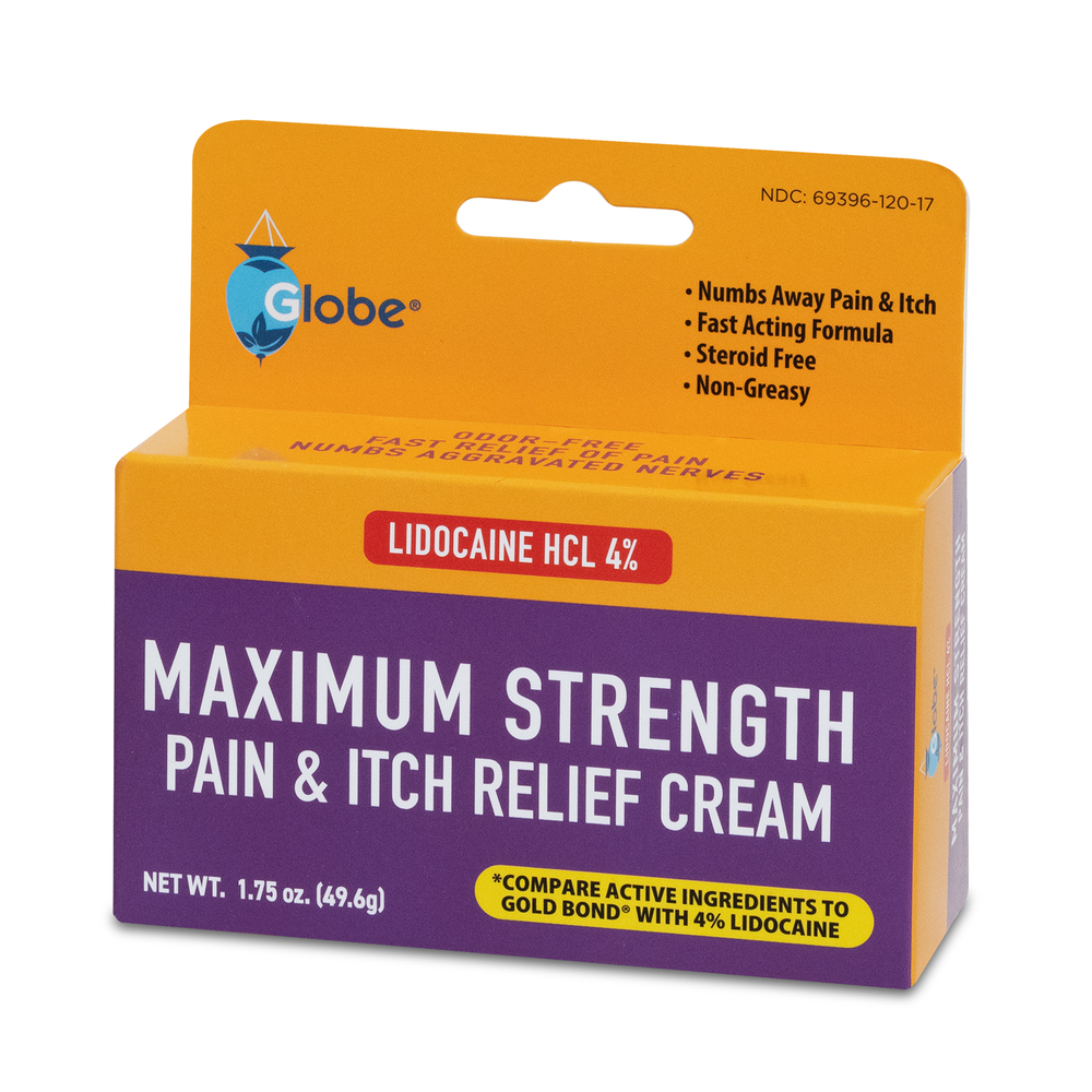 Globe Lidocaine 4% Multi-Symptom Relief Cream 1.75 oz. offers fast-acting, non-greasy pain and itch relief in orange and purple packaging; steroid-free formula compared to Gold Bond with Lidocaine.