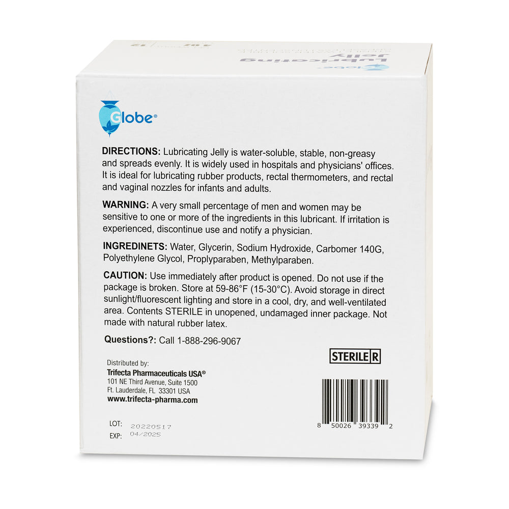 The box of Globe Sterile Lubricating Jelly, 4 fl oz tube (Box of 12), shows directions, warnings, ingredients, cautions, contact info, lot number, and expiry date in black text on a white background.