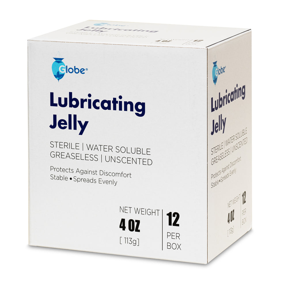 A white box of Globe Sterile Lubricating Jelly includes 12 latex-free, water-soluble 4oz tubes for gentle, smooth application; suitable for enema equipment, rectal thermometers & more. Bacteriostatic and unscented.