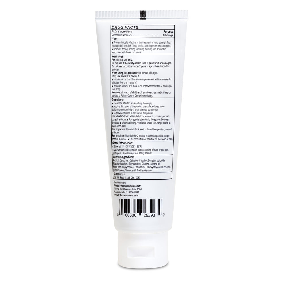 The back of a white Globe Miconazole Nitrate 2% Antifungal Cream 4 oz tube shows the Drug Facts label with directions, warnings, ingredients like miconazole nitrate, and a barcode; treats athlete's foot, jock itch, and ringworm.