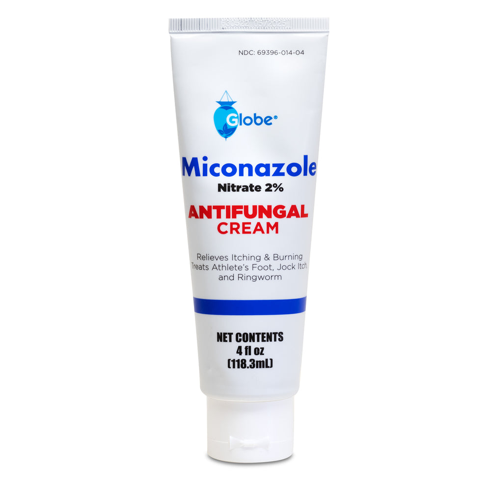 A 4 oz tube of Globe Miconazole Nitrate 2% Antifungal Cream for athlete's foot, jock itch, and ringworm relief. The tube is white with blue and red text and offers relief from itching and burning.