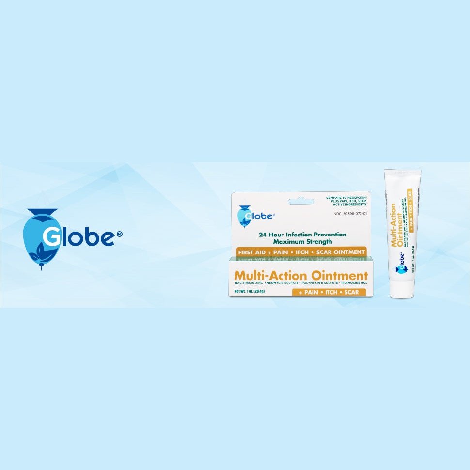 Box and tube of Globe Multi-Action Ointment 1 oz for first aid, pain relief, itch relief, infection protection, and scar minimization shown on a blue background with the Globe logo on the left.