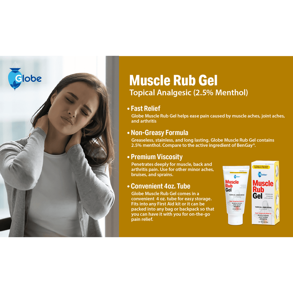 A woman rubs her neck in discomfort. Beside her, a yellow panel displays Globe Muscle & Joint Vanishing Scent Gel (3 oz), a non-greasy pain reliever with 2.5% menthol for muscle, back, and minor arthritis pain—same actives as BENGAY.