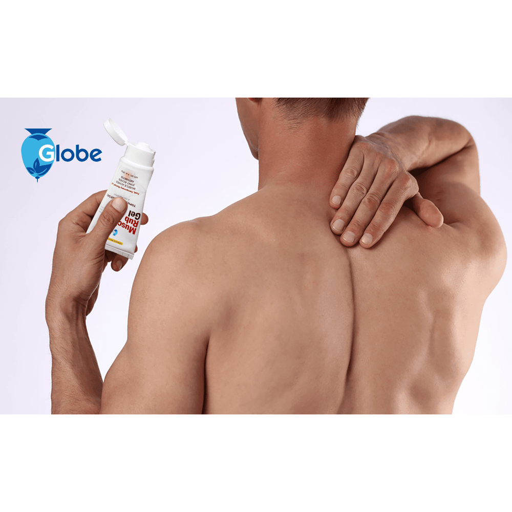 A man applies Globe Muscle & Joint Vanishing Scent Gel (3 oz), a non-greasy pain reliever with 2.5% menthol, to his upper back and shoulder for minor arthritis relief, holding the Globe bottle in one hand as he uses the other to rub in the gel.