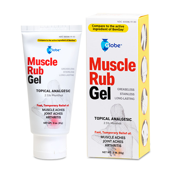 A 3 oz tube of Globe Muscle & Joint Vanishing Scent Gel, a non-greasy pain reliever for muscle, back, and minor arthritis pain with 2.5% menthol—same active ingredients as BENGAY Vanishing Scent.
