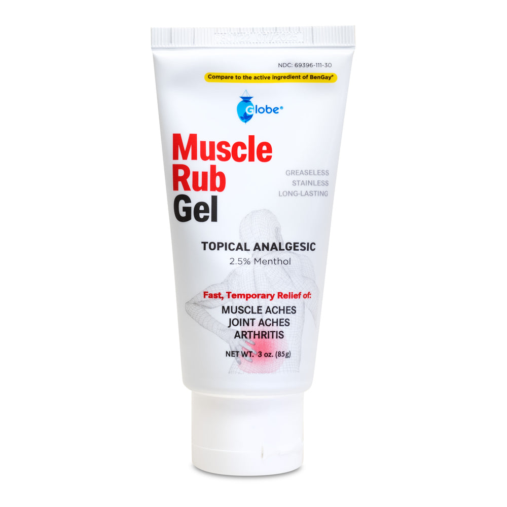 A white 3 oz tube of Globe Muscle & Joint Vanishing Scent Gel with 2.5% menthol, a non-greasy pain reliever for muscle, back, and minor arthritis aches; offers fast, temporary relief and features the same active ingredients as BENGAY Vanishing Scent.