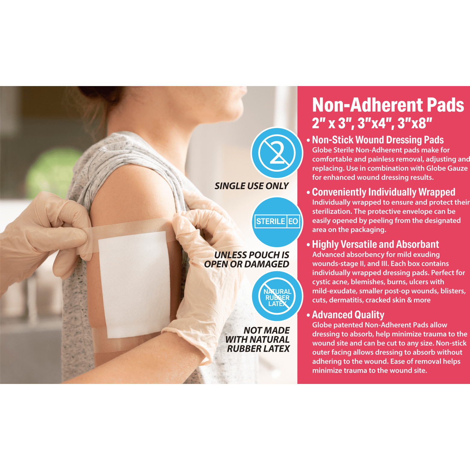 Globe Sterile Non-Adherent Pads 2" x 3"| Non-Adhesive Wound Dressing| Highly Absorbent & Non-Stick, Painless Removal-Switch| Individually Wrapped for Extra Protection