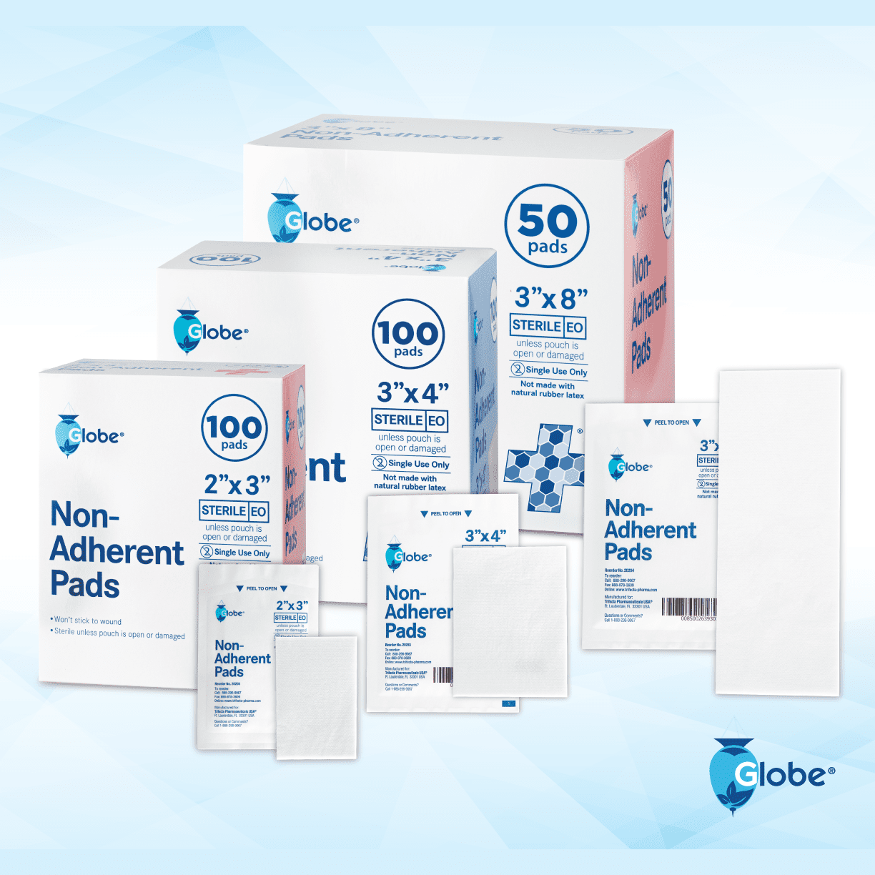 Globe Sterile Non-Adherent Pads | 50-Pack, 3” x 8” | Non-Adhesive Wound Dressing| Highly Absorbent & Non-Stick, Painless Removal-Switch | Individually Wrapped for Extra Protection (3 x 8)
