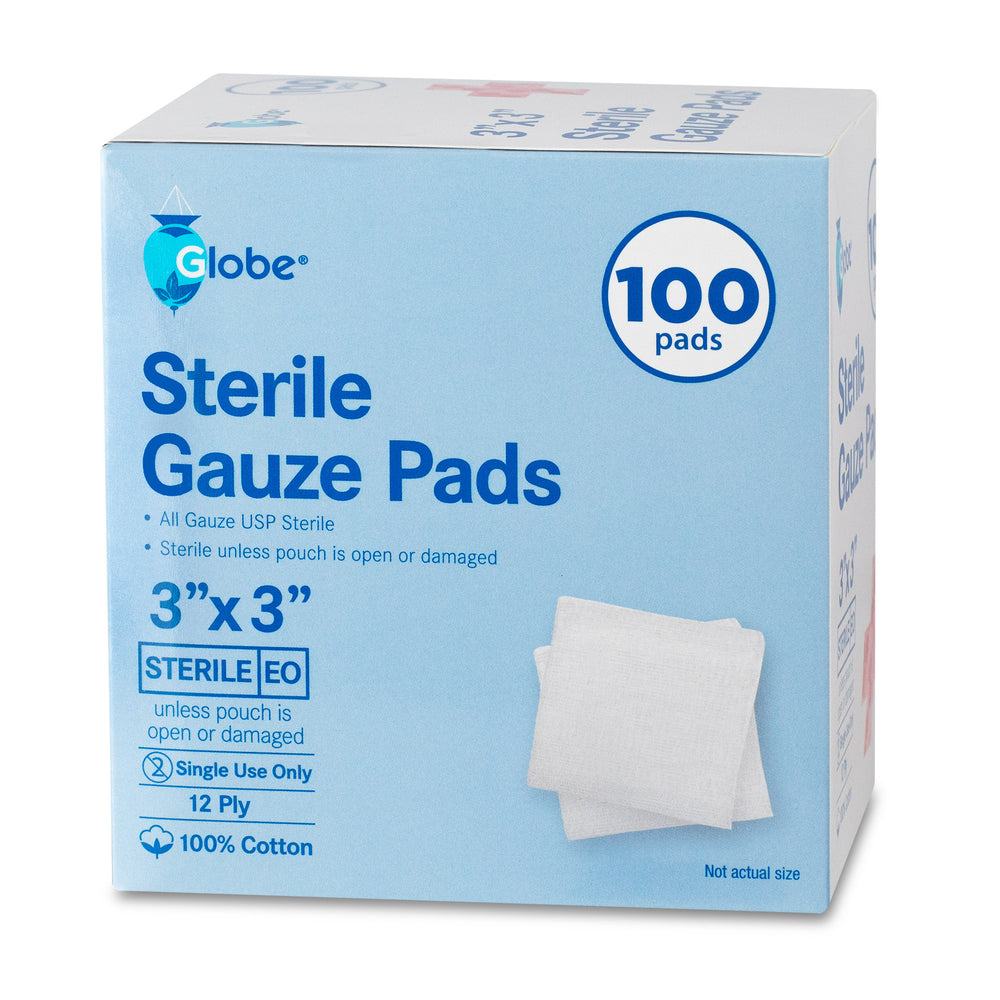 Globe 3"x3" Advanced Sterile Gauze Pads, 100-pack, 12-ply cotton, highly absorbent and individually packed—perfect for wound care or home first aid kits. The white/blue box features two pads and product info on the front.