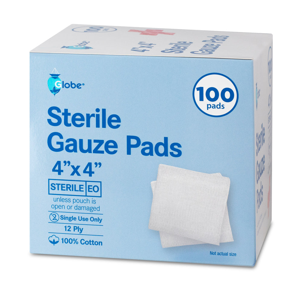 A box of Globe 4" x 4" Sterile Gauze Pads, 100-pack, 12-ply, highly absorbent cotton for wound care. The white and blue Globe box shows two gauze pads with product details on the front. Individually packed for single use.