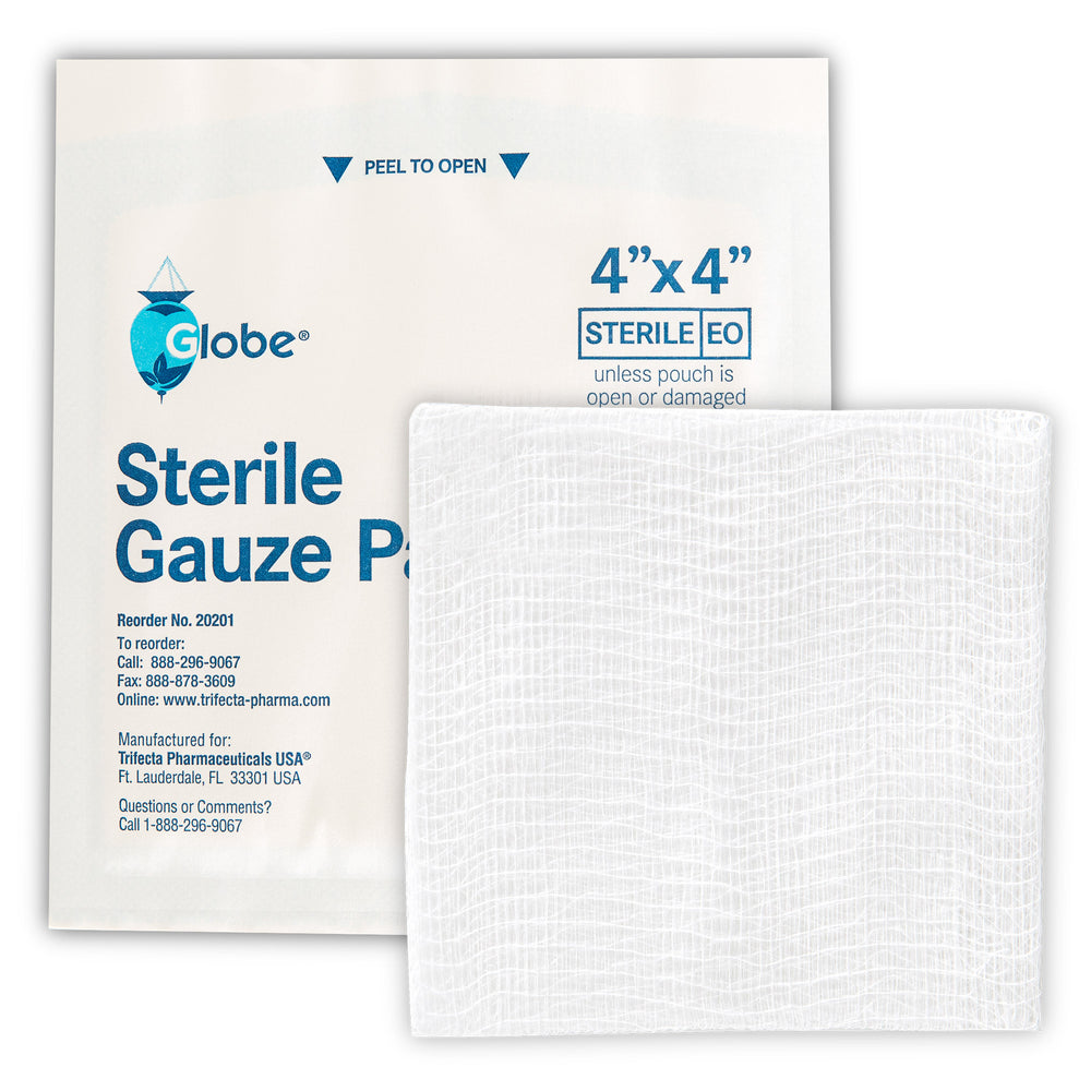 A package of Globe 4’’ x 4’’ Sterile Gauze Pads is shown with a white pad in front. This 100-pack of highly absorbent, 12-ply cotton pads is ideal for wound care and home first aid kits. Packaging includes instructions and contact info.
