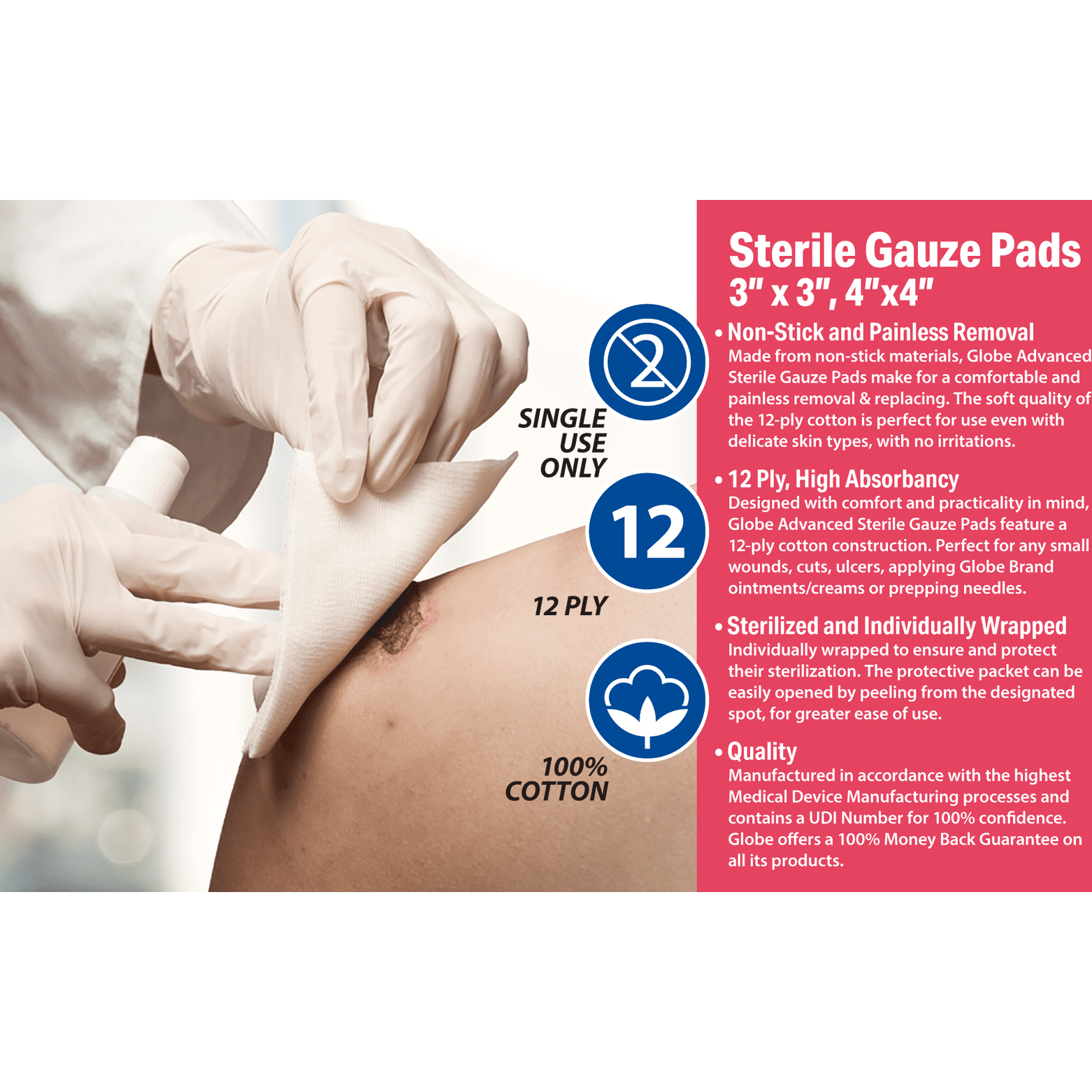 Globe 4’’ x 4" Sterile Gauze Pads for Wound Dressing| 100-Pack, Individually Packed | 12-Ply Cotton & Highly Absorbent| Advanced Gauze Sponge-Pads for Wound Care & Home First Aid Kits (4 x 4)