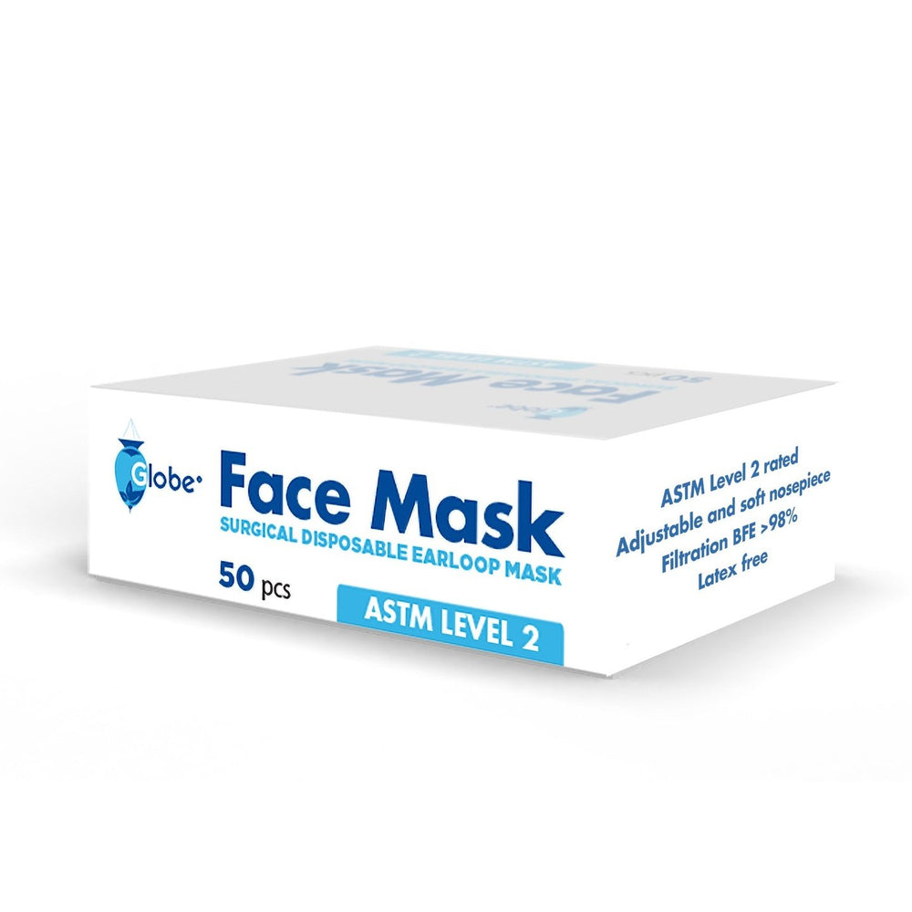 Globe Disposable 3 Ply Surgical Face Mask ASTM Level 2, 50pc/Box—white and blue Globe box with 50 masks featuring high filtration, adjustable nose piece, and latex-free design.