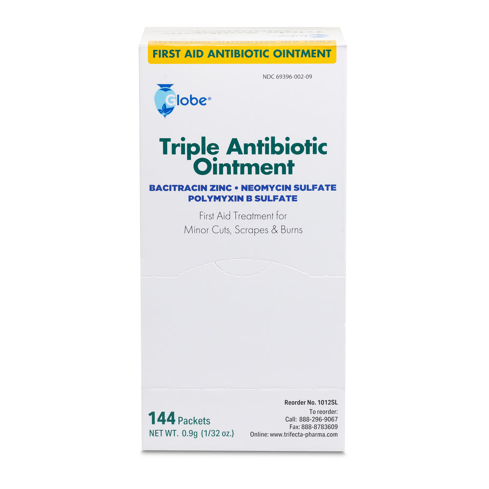A white box labeled "Globe Triple Antibiotic Ointment .9gr Packets (Box of 144)," a Neosporin alternative offering infection protection and first aid for minor cuts, scrapes, and burns. Contains 144 packets with active ingredients.