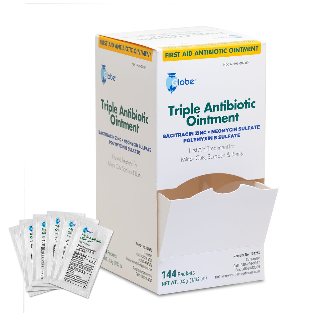 Globe Triple Antibiotic Ointment .9gr Packets (Box of 144) offers a reliable Neosporin alternative from Globe for first aid treatment of minor cuts, scrapes, and burns, with individual packets shown for easy infection protection.
