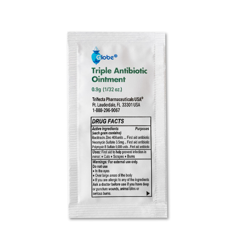 The Globe Triple Antibiotic Ointment .9gr Packets (Box of 144) offers a Neosporin alternative for first aid infection protection, with active ingredients, drug facts, warnings, and manufacturer info clearly listed.