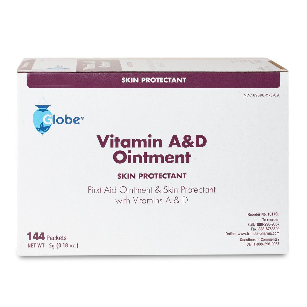 A white box of Globe Vitamin A & D Ointment, a skin protectant and first aid ointment with lanolin and petrolatum. Contains 144 packets (5g each). Suitable for men, women, and baby skin. Made in the USA.