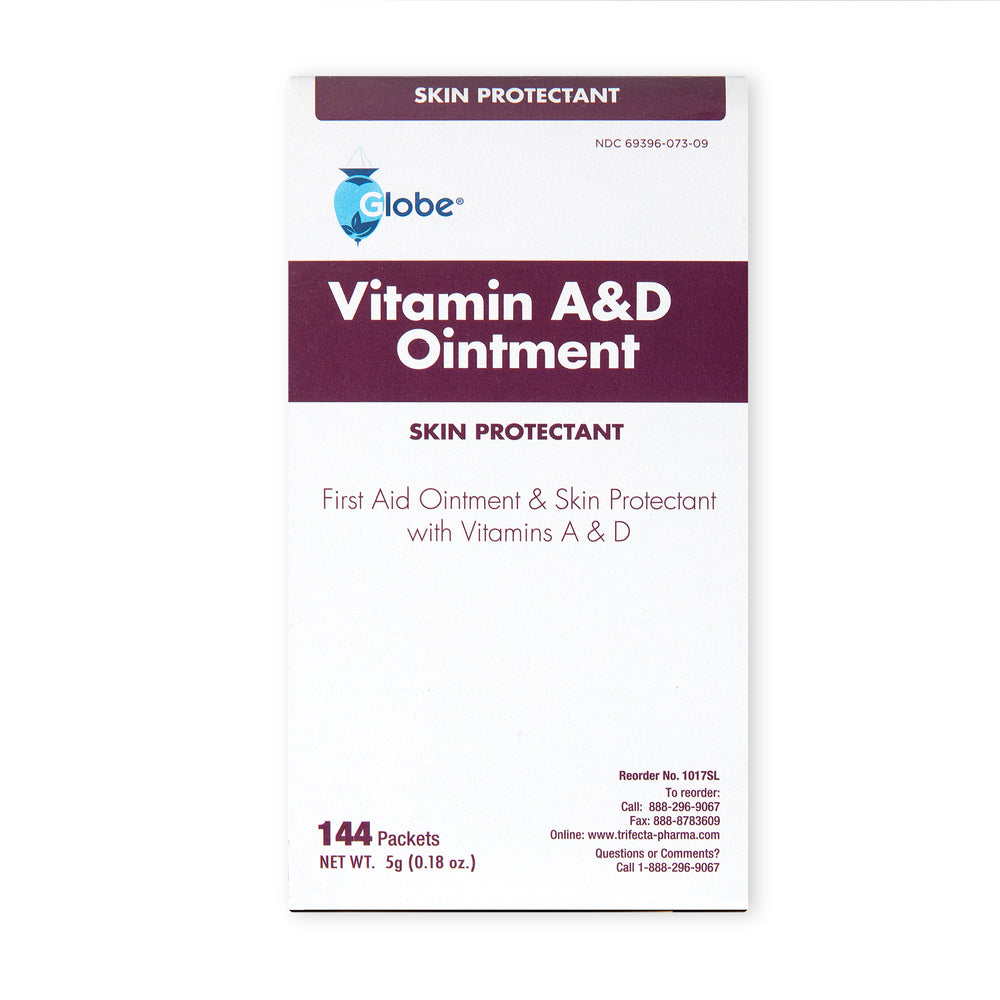 A box of Globe Vitamin A & D Ointment—skin protectant with vitamins A & D, lanolin, and petrolatum—for minor cuts, burns, and dry skin; contains 144 individual 5g packets; suitable for men, women, and baby skin. Made in the USA.