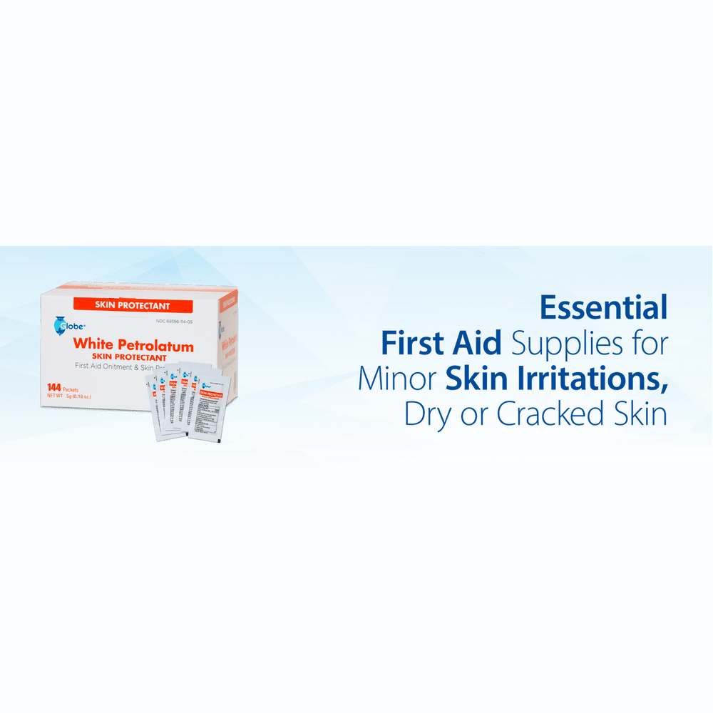 The image shows a box of Globe White Petrolatum 5g packets alongside individual packets. Text: Globe Petroleum Jelly—essential first aid for dry or cracked skin and minor irritations. Box contains 144 soothing packets.