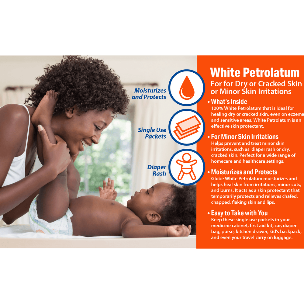 A smiling woman leans over a baby on a bed. Text highlights Globe White Petrolatum's soothing relief for dry or cracked skin and diaper rash, with convenient 5g single-use packets (Box of 144) for portability and fast care.