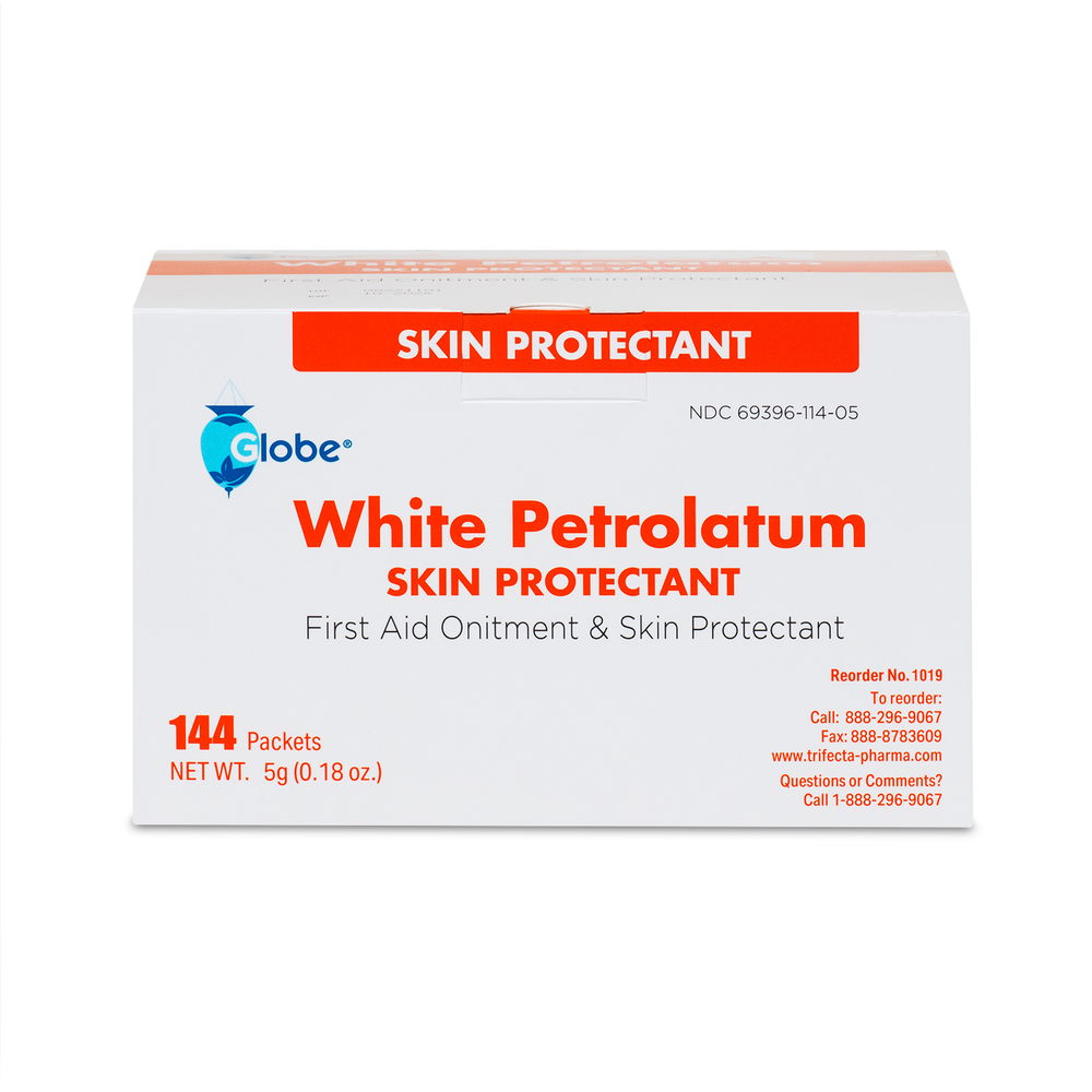 A box of Globe White Petrolatum contains 144 packets (5g each) of soothing petroleum jelly for dry, cracked skin or minor irritations. Ideal for first aid use. Brand: Globe.