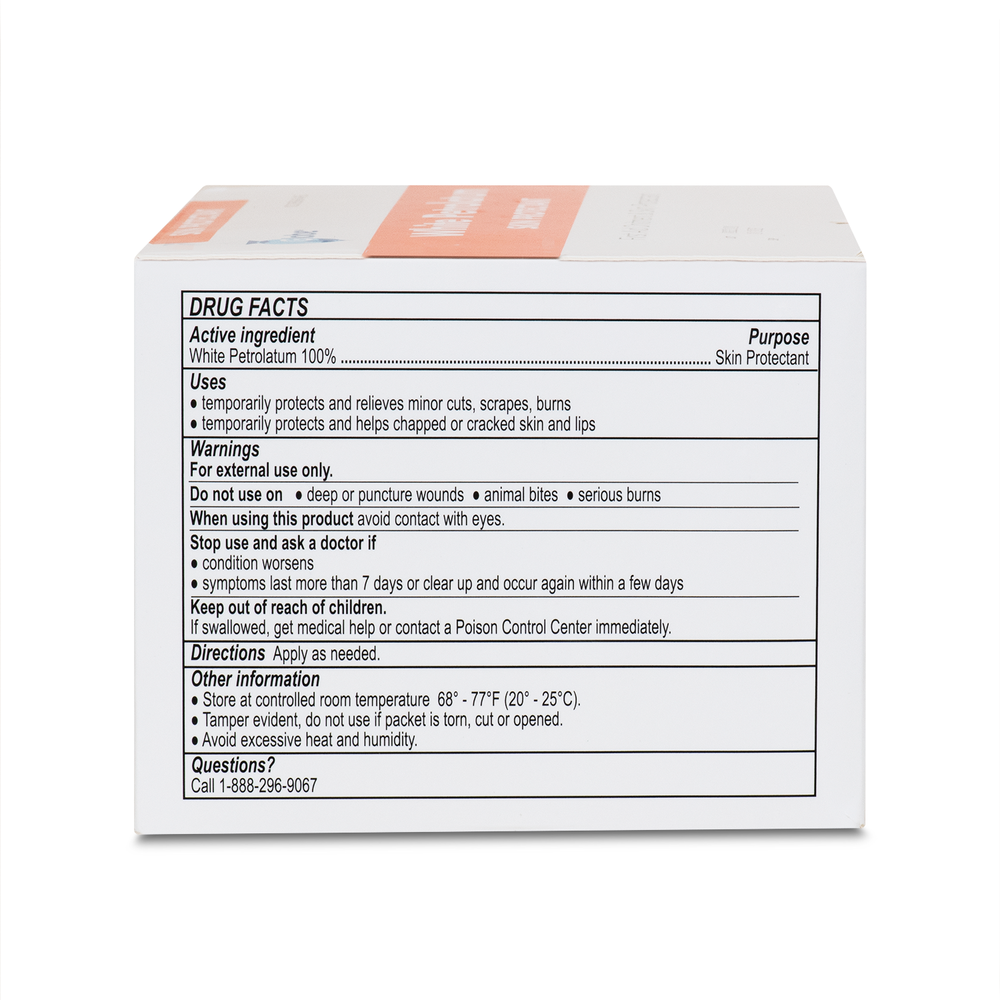 The image shows a Globe White Petrolatum box (144 x 5g packets) with a Drug Facts label listing petroleum jelly as the active ingredient, uses for dry or cracked skin and minor irritations, plus warnings, directions, storage info, and a customer service number.