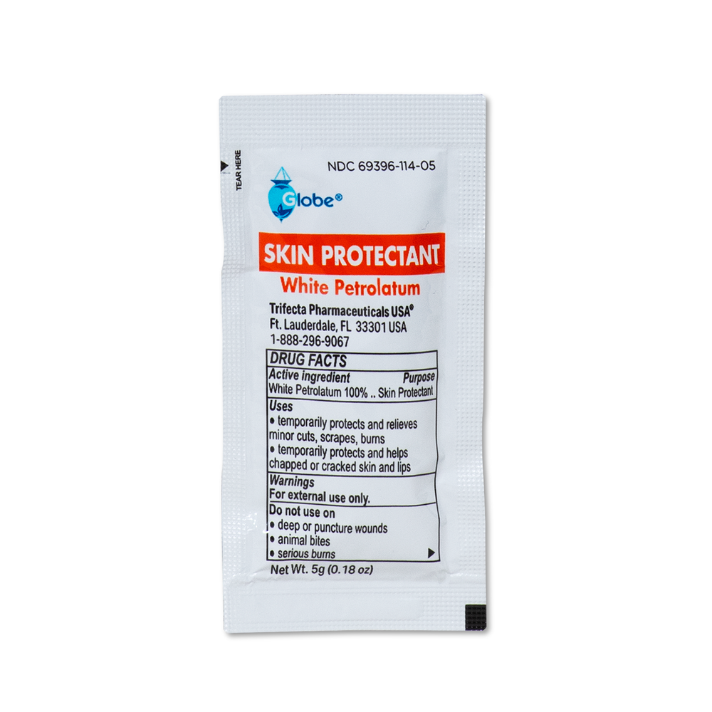 A white 5g packet of Globe White Petrolatum, soothing petroleum jelly for dry, cracked skin or minor irritations; drug facts, usage instructions, warnings, and contact info are printed in black and red text on the front. Box contains 144 packets.