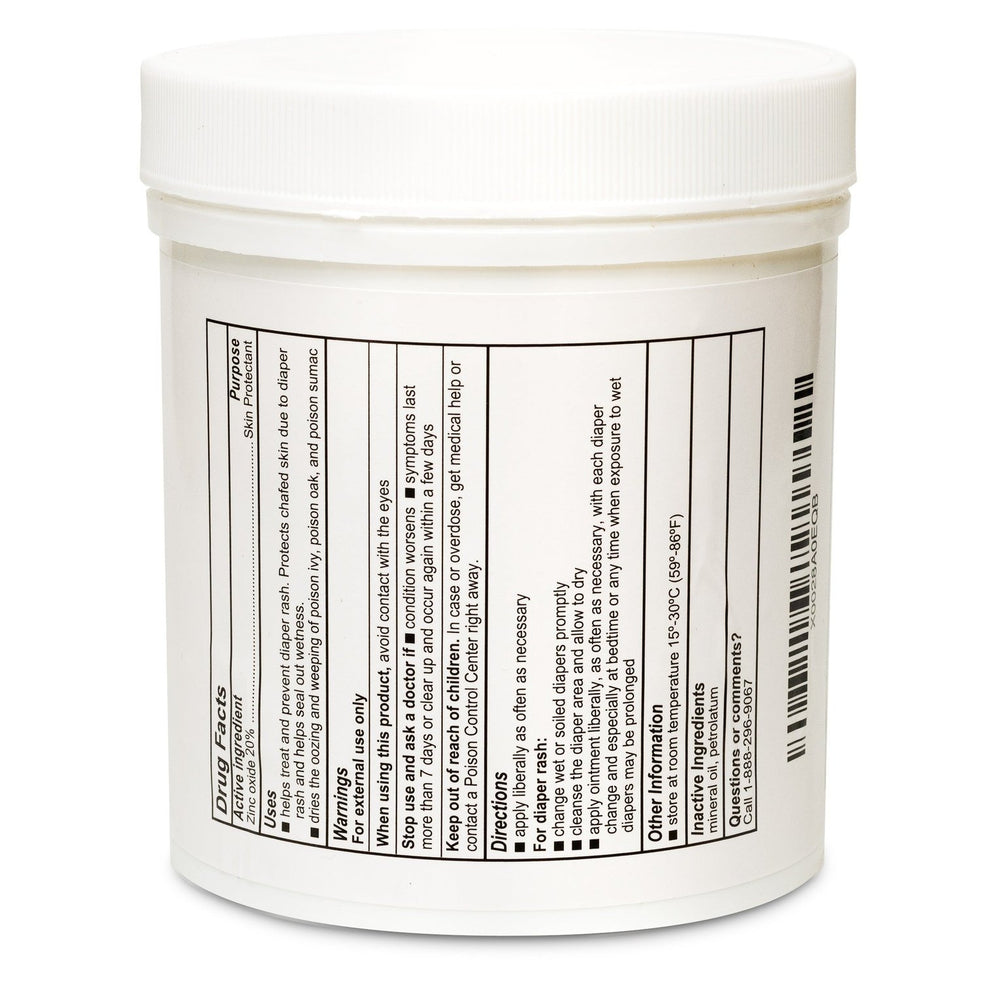 A white plastic 16oz jar of Globe Zinc Oxide Ointment with a label in black text showing directions, warnings, and product info. The closed lid and plain background emphasize this essential diaper rash treatment.