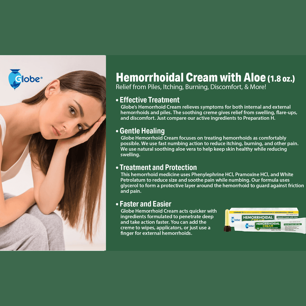 A young woman with long brown hair, wearing a beige top, rests her head on her hand next to text and a tube of Globe Hemorrhoid Symptom Treatment Cream with Aloe (1.8 oz), an effective pain relief for hemorrhoids, piles, itching, burning, and discomfort.