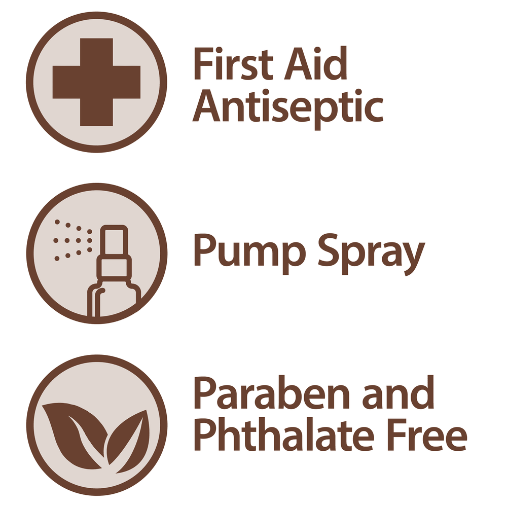 Three brown icons: medical cross for Globe First Aid Antiseptic, spray bottle for 3% Hydrogen Peroxide Pump Spray, and two leaves for Paraben & Phthalate Free—ideal care in a 2 oz convenient spray.