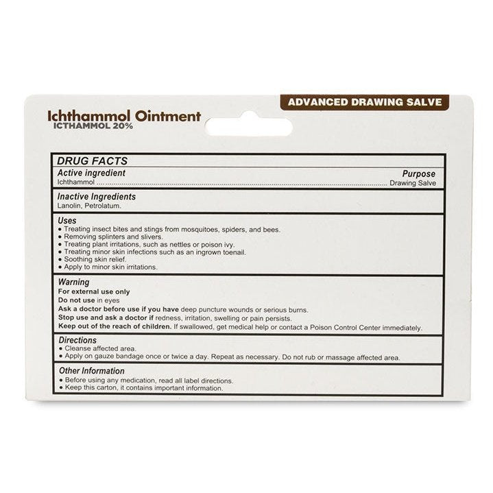 Back of Globe Ichthammol Ointment 20% (Drawing Salve) 1 OZ packaging shows drug facts, usage, warnings, and ingredients in black text on white. The label covers medical and safety details for eczema, acne, boils, splinters, and stings.