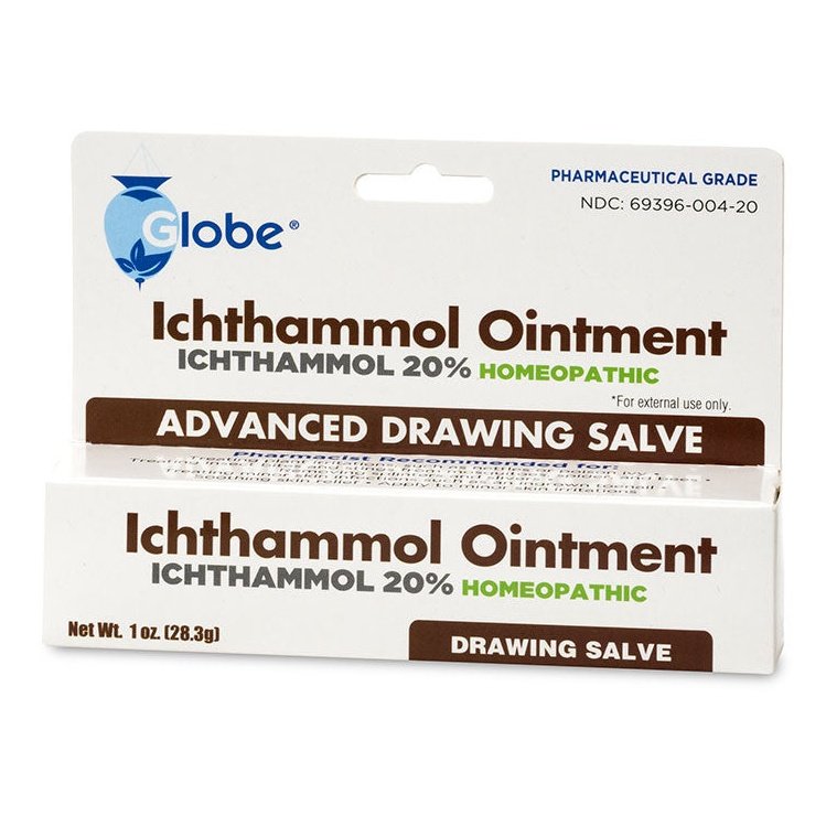 Globe Ichthammol Ointment 20% Drawing Salve, pharmaceutical grade, 1 oz (28.3g), offers soothing skin relief and treats eczema, psoriasis, acne, boils, splinters & bee stings. Maximum strength with minimized scent in white packaging.