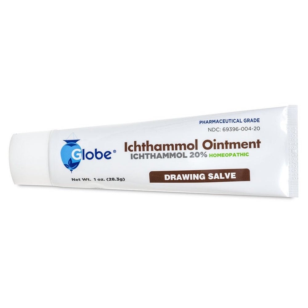 A white tube of Globe Ichthammol Ointment 20% (Drawing Salve), 1 oz, with blue and brown text is shown on a white background. It's maximum strength, pharmaceutical grade, ideal for soothing relief of eczema, boils, acne, and more.