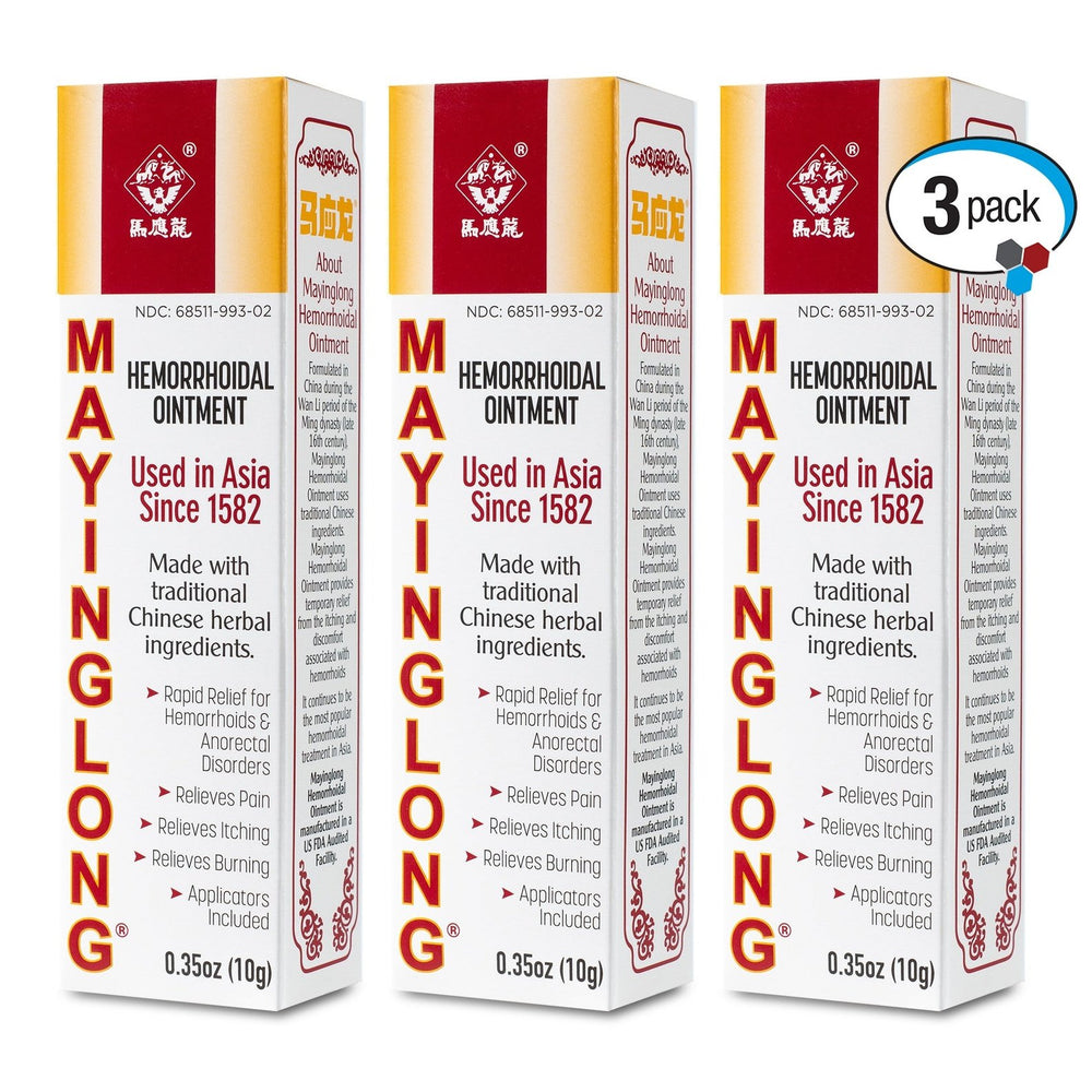 Three 10g tubes of Mayinglong Hemorrhoid Ointment by Mayinglong—a trusted Chinese remedy since 1582—made with traditional herbal ingredients for effective hemorrhoid treatment and symptom relief.