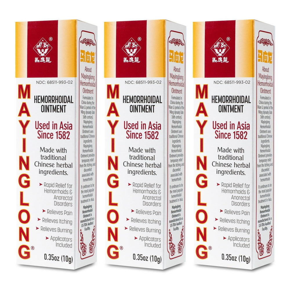 Three Mayinglong Hemorrhoid Ointment 10g Tubes display traditional Chinese medicine benefits and pain relief claims since 1582, with red text and symbols—a trusted Mayinglong treatment highlighted on the front.