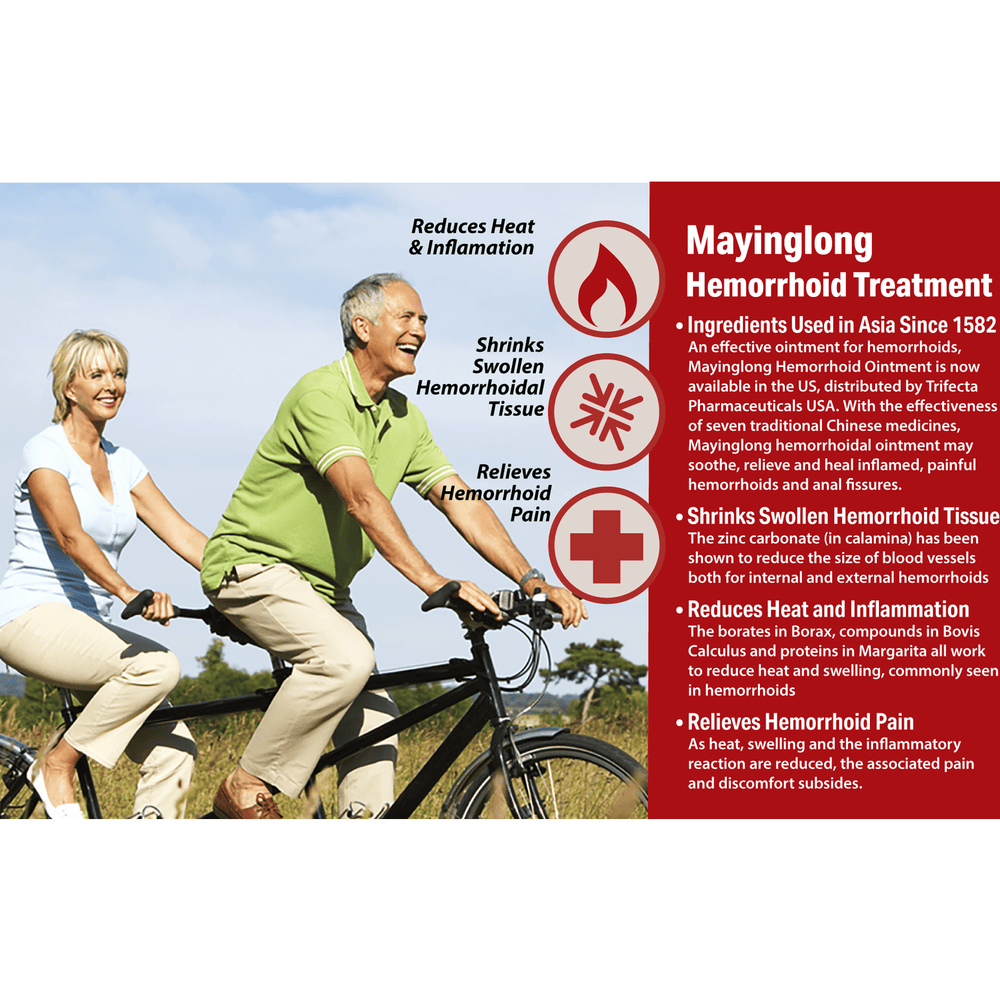 A smiling older couple cycles outdoors. Text highlights Mayinglong Hemorrhoid Ointment 10g Tubes’ benefits: reduces heat, inflammation, pain, and shrinks swollen hemorrhoid tissue. Icons visually represent each effect.