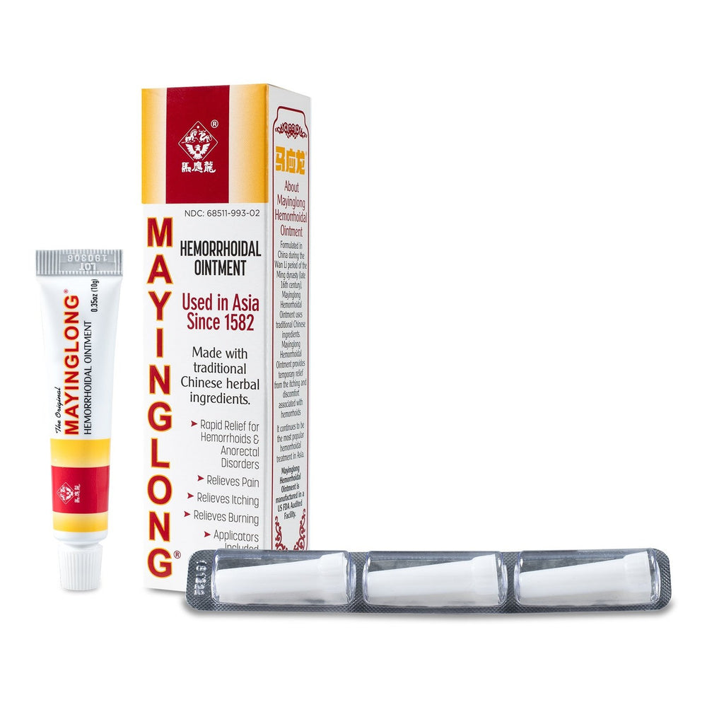 A box and tube of Mayinglong Hemorrhoid Ointment 10g Tubes by Mayinglong are displayed with three white applicators and herbal ingredients in a blister pack against a white background.