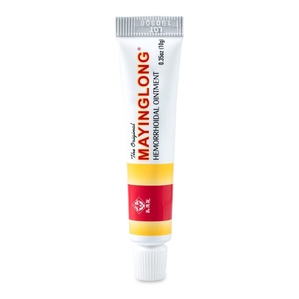 A 10g white tube of Mayinglong Hemorrhoid Ointment stands upright, featuring red and yellow labeling with English and Chinese text. This renowned product by Mayinglong is designed for effective hemorrhoid treatment.