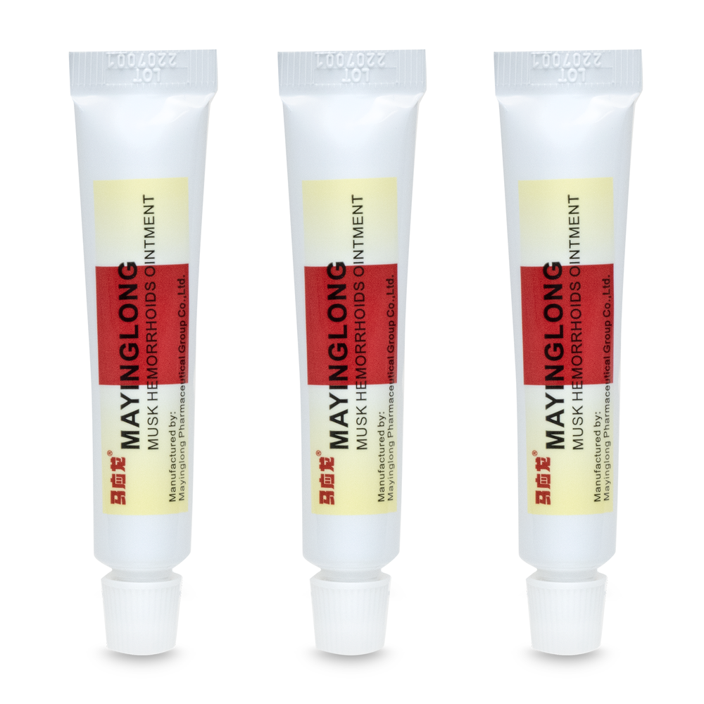 Three Mayinglong Hemorrhoid Ointment 10g Tubes stand upright in a row, featuring white packaging with yellow-red labels displaying the product name and manufacturer details.