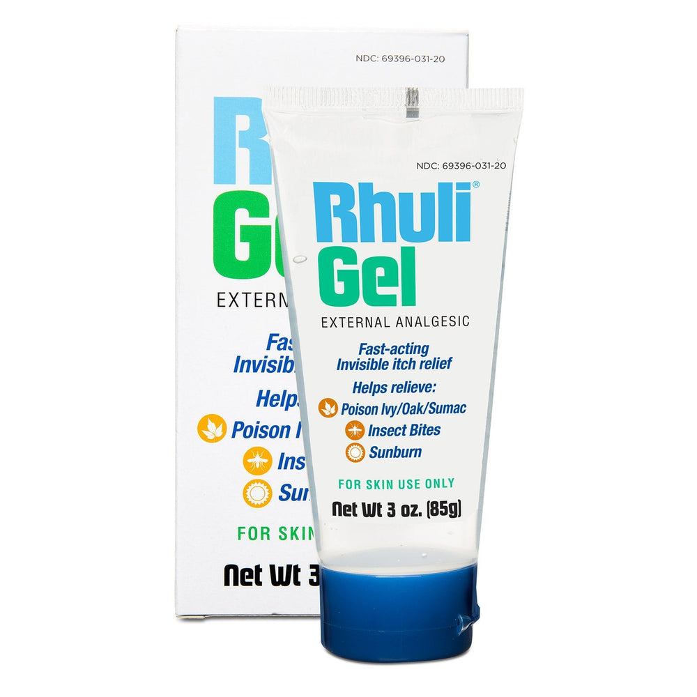 A 3 oz tube of Rhuli Gel Anti-Itch Gel stands before its box, highlighting cooling, fast-acting relief for sunburn, mosquito bites, bug bites, poison ivy, and poison oak. Analgesic gel is for topical skin use only.