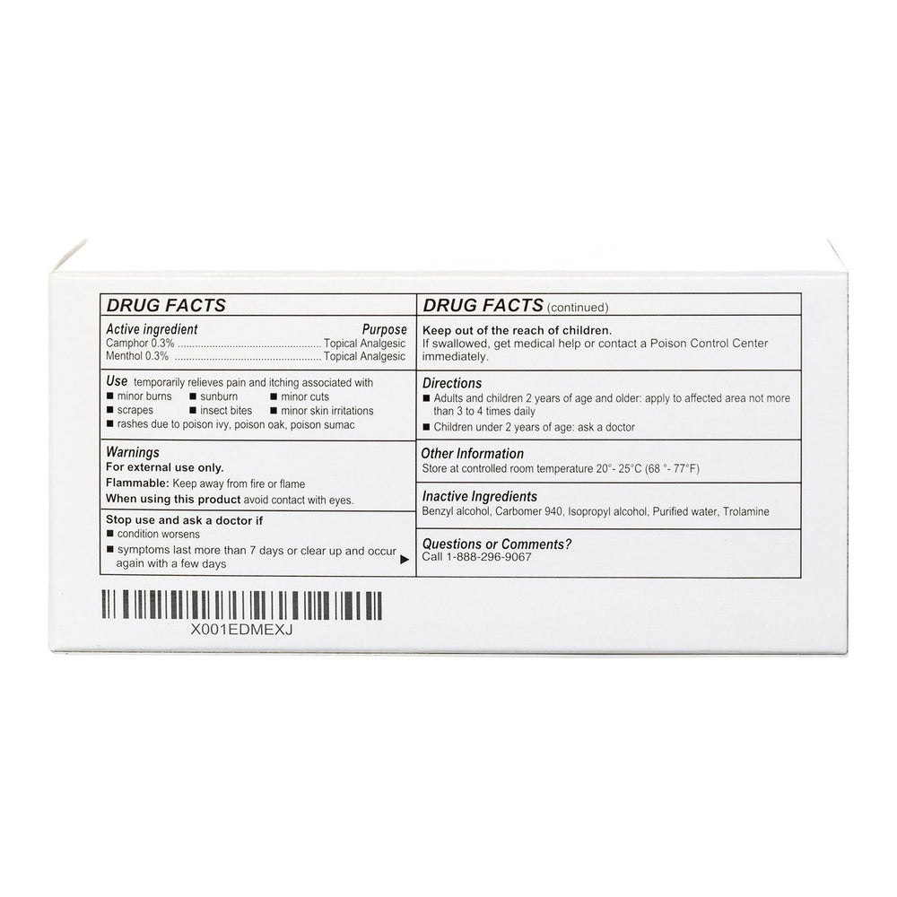 Back of the Rhuli Gel Anti-Itch Gel 3 oz tube box showing Drug Facts, directions, warnings, ingredients for topical analgesic use, storage instructions, and customer service info in black text on white background.