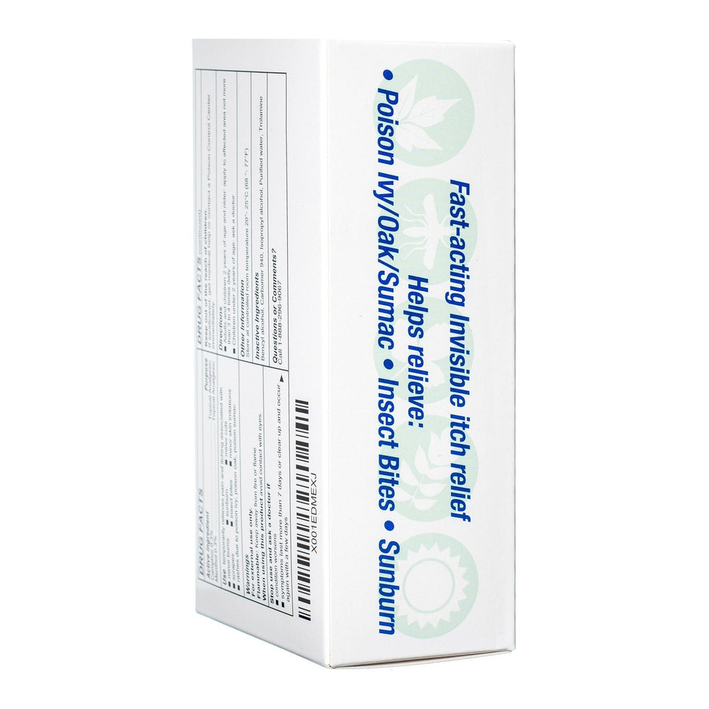 A white Rhuli Gel box features blue and green text: "Fast-acting invisible itch relief." This 3 oz anti-itch gel relieves sunburn, mosquito and bug bites, poison ivy/oak/sumac. Printed icons highlight each condition.